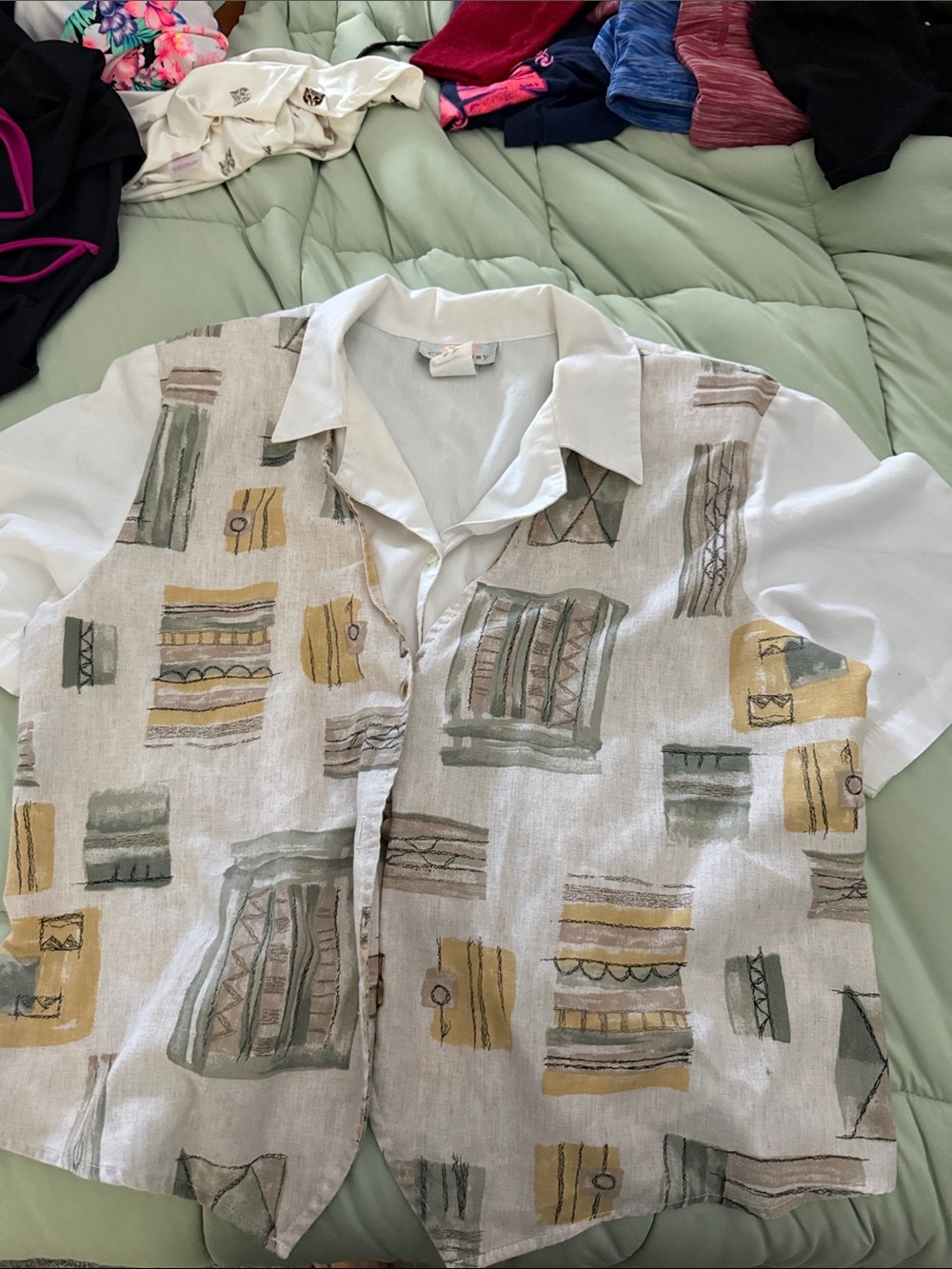 Coral Bay White Linen-Blend Button Front Top with Mustard and Sage Print